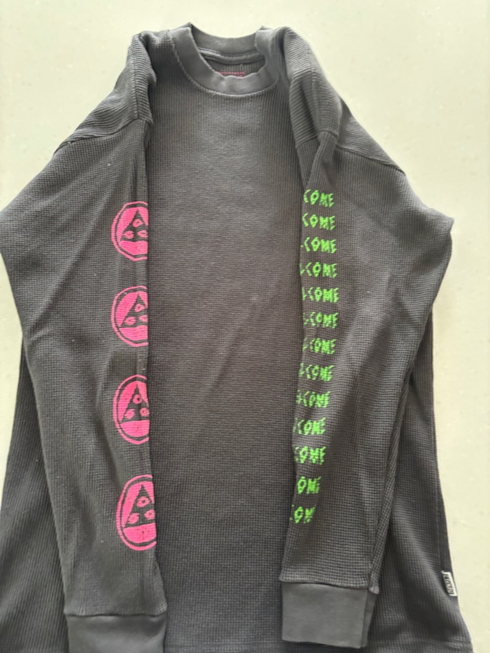 Long Sleeve Waffle Knit Tee - Charcoal with Pink & Neon Green Accents